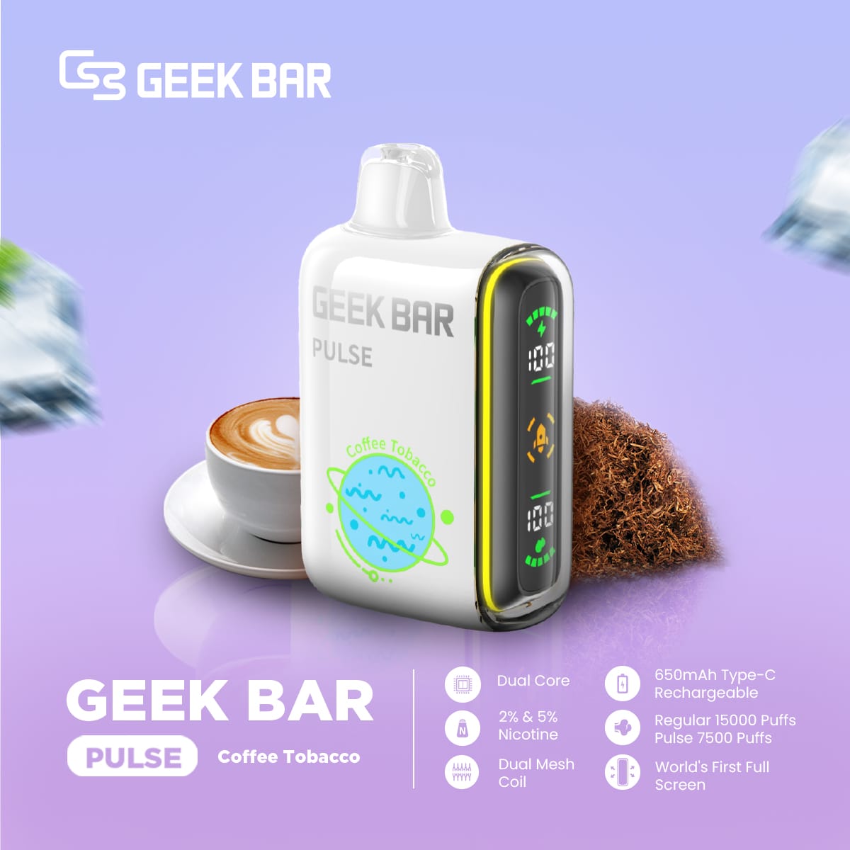 Geek Bar Pulse Coffee Tobacco vape with coffee cup and tobacco on purple background