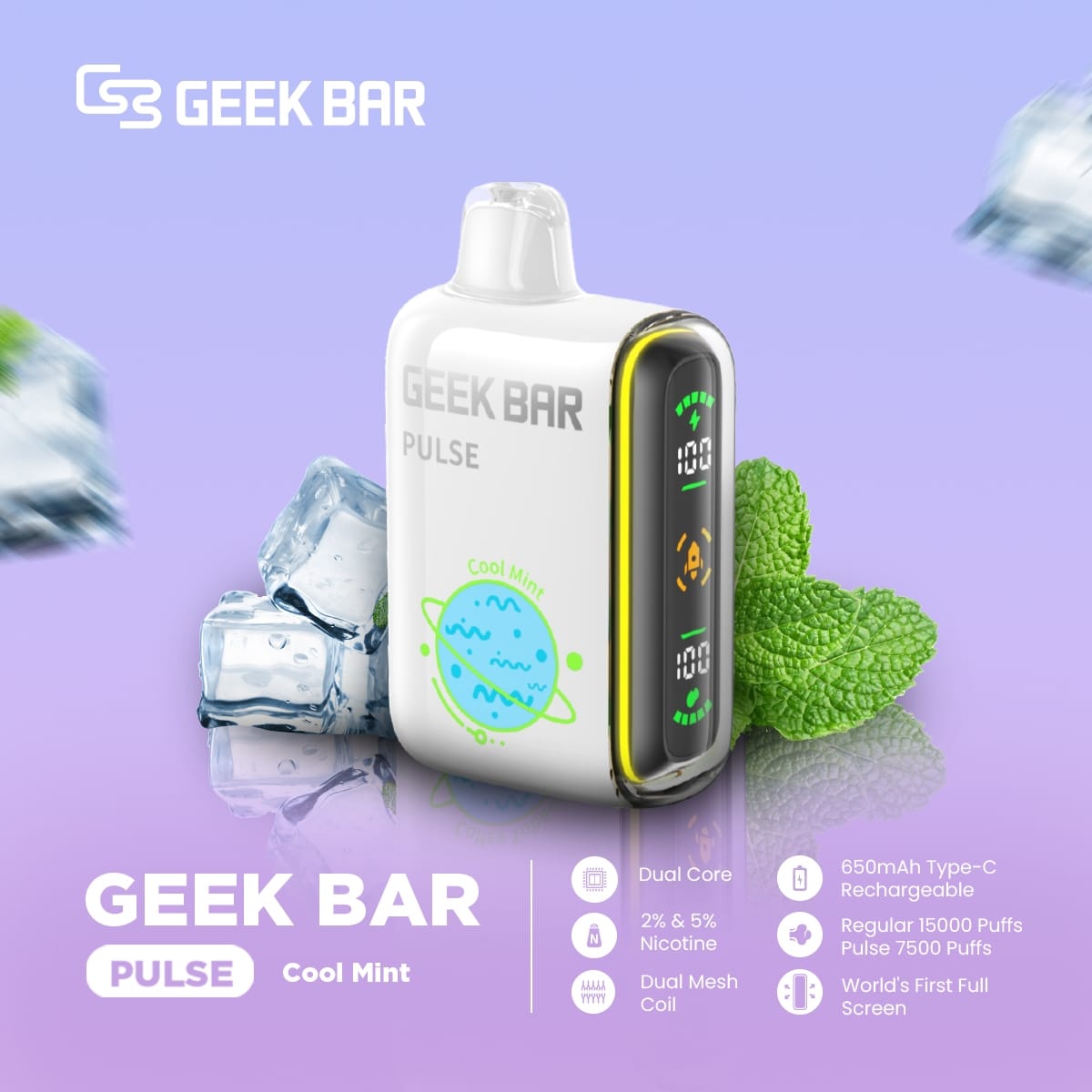 Geek Bar Pulse Cool Mint vape with mint leaves and ice cubes on a light purple background
