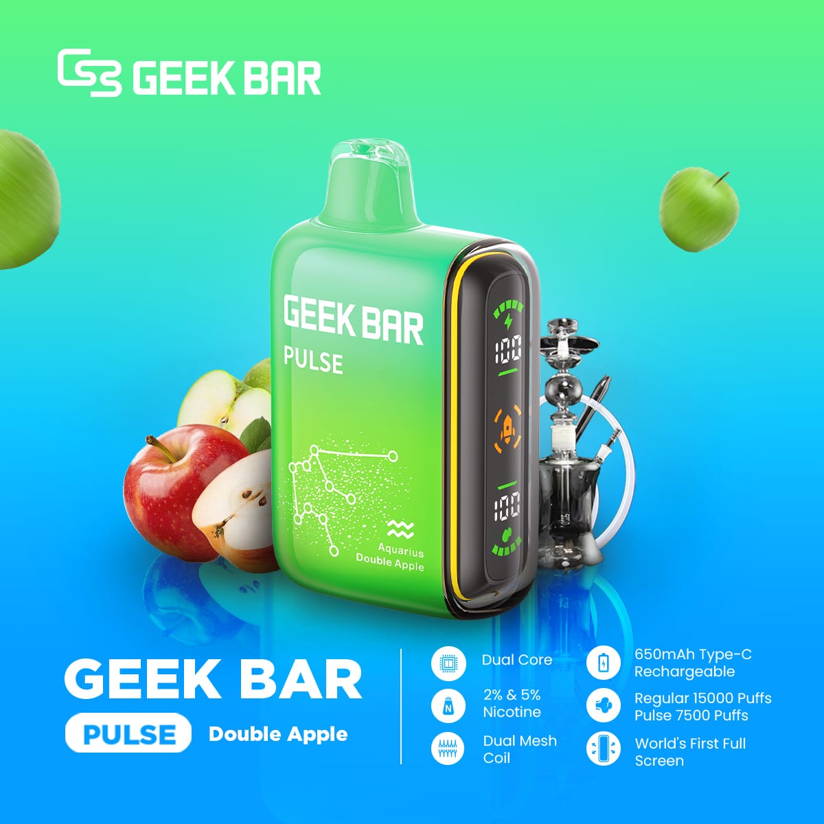 Geek Bar Pulse Double Apple vape with red and green apples and hookah on a blue background