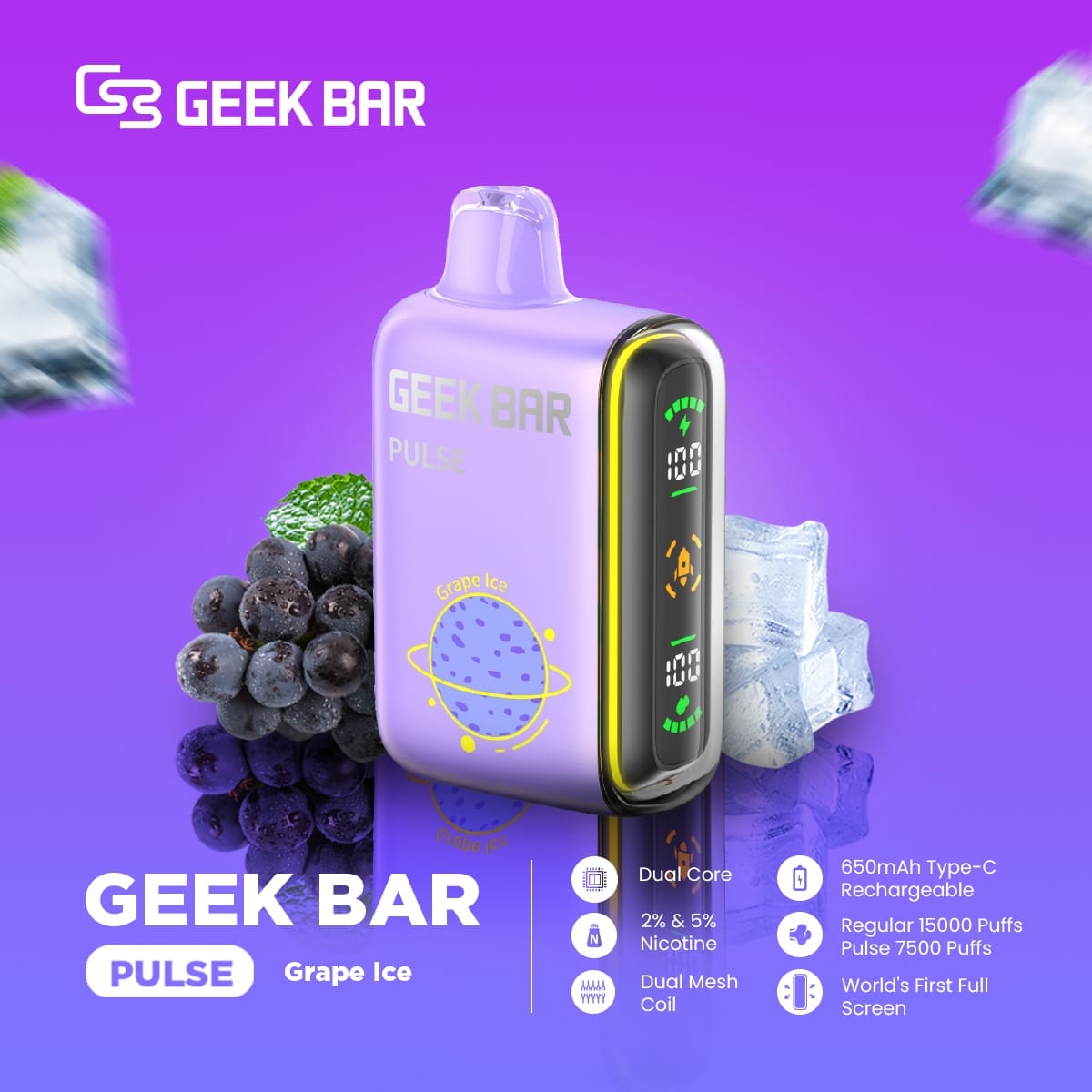 Geek Bar Pulse Grape Ice vape with grapes and ice cubes on a purple background