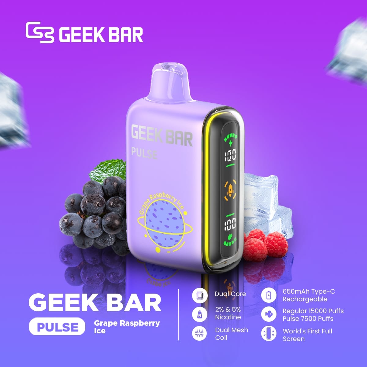 Geek Bar Pulse Grape Raspberry Ice vape with grapes, raspberries, and ice on purple background