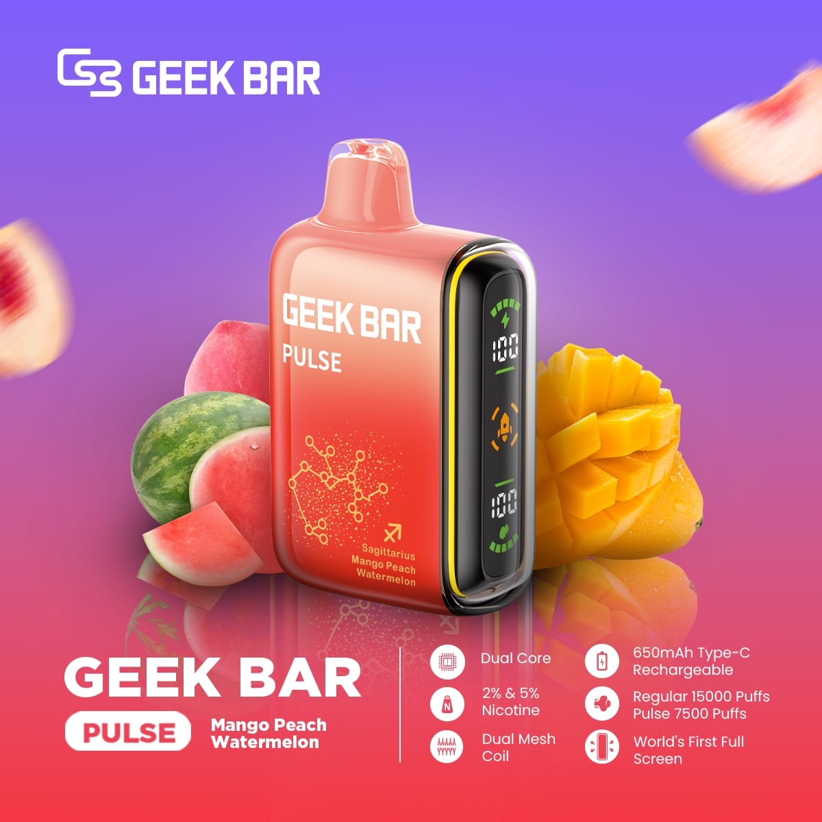 Geek Bar Pulse Mango Peach Watermelon vape with fruits on colorful background