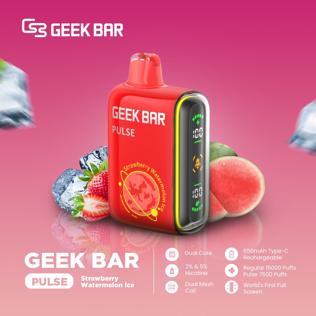 Geek Bar Pulse Strawberry Watermelon Ice vape with strawberries, watermelon, and ice
