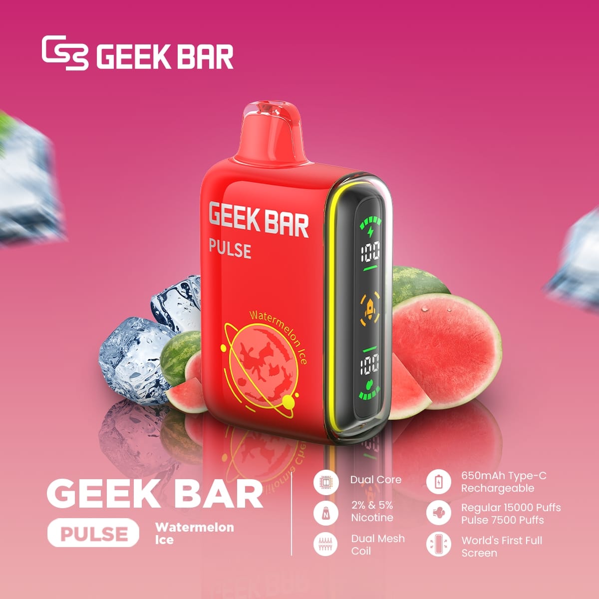 Geek Bar Pulse Watermelon Ice vape with watermelon and ice cubes on pink background