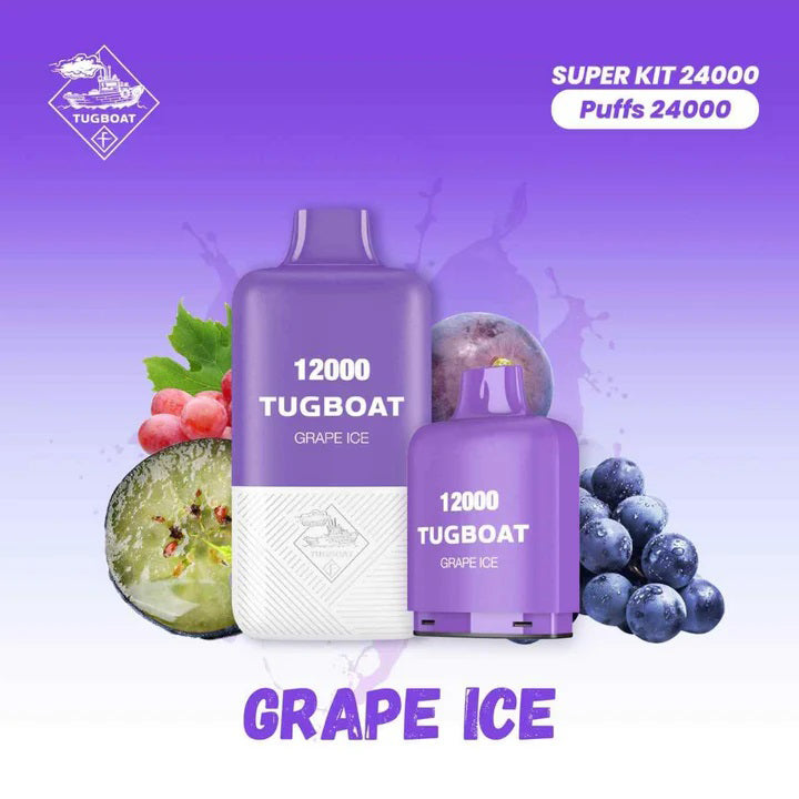 Tugboat Super Kit Grape Ice 24000 Puffs Disposable Vape with grapes and ice cubes