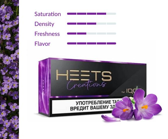 HEETS Creations Yugen Russian Edition for IQOS with purple flowers and flavor chart