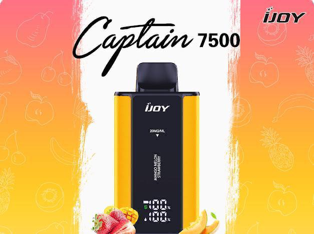 IJOY Captain 7500 Mango Melon Strawberry disposable vape with fruit background