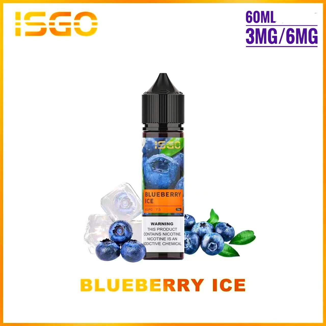 ISGO Blueberry Ice 60ml e-liquid bottle with blueberries and ice