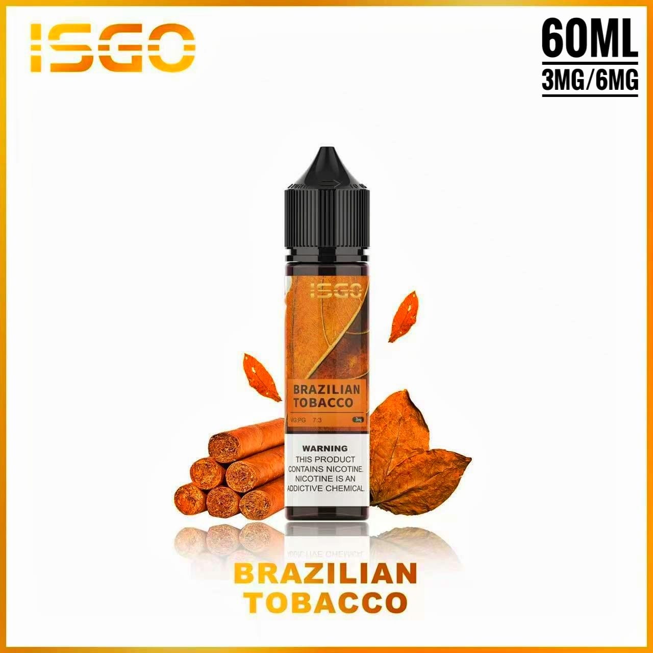 ISGO Brazilian Tobacco 60ml e-liquid bottle with tobacco leaves and cigars