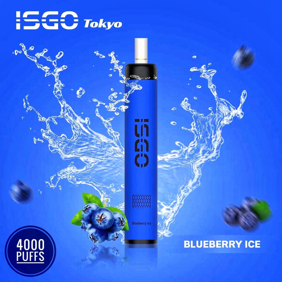 ISGO Tokyo Blueberry Ice vape with blueberries and splash on blue background