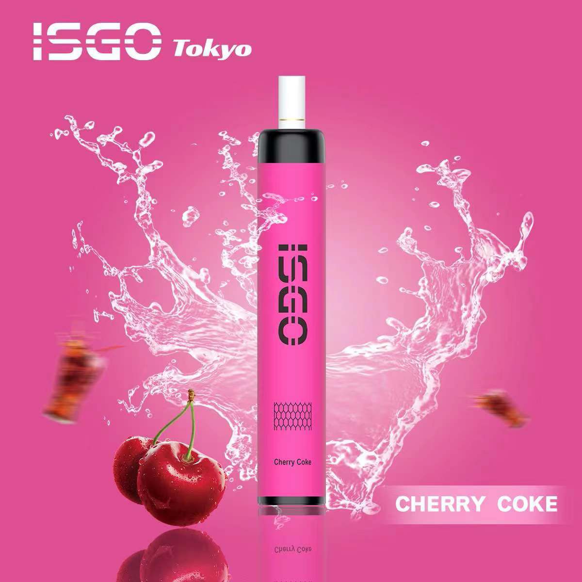 ISGO Tokyo Cherry Coke vape with splash, cherries, and cola on pink background