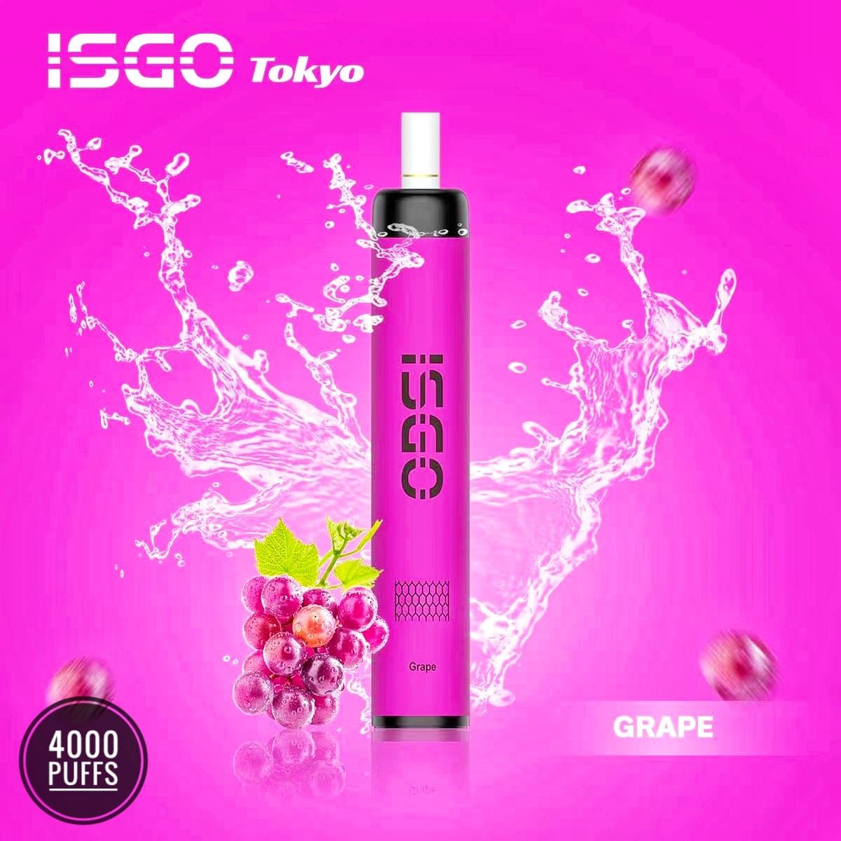 ISGO Tokyo Grape vape with splash and grapes on bright pink background