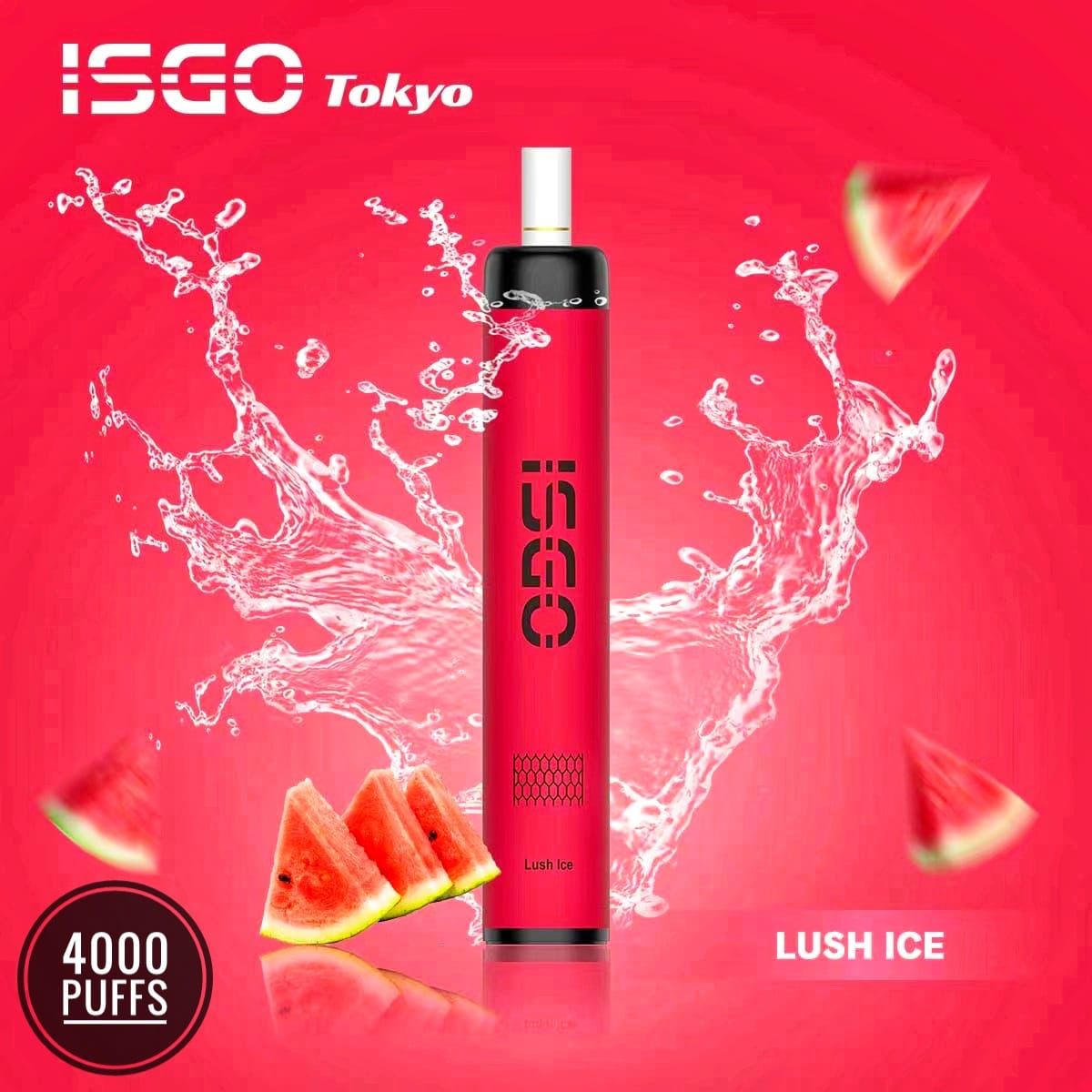 ISGO Tokyo Lush Ice vape with splash and watermelon slices on red background