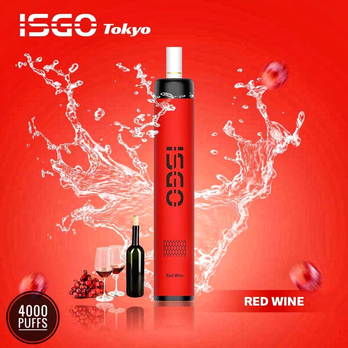 ISGO Tokyo Red Wine vape with wine bottle, glasses, and splash on red background