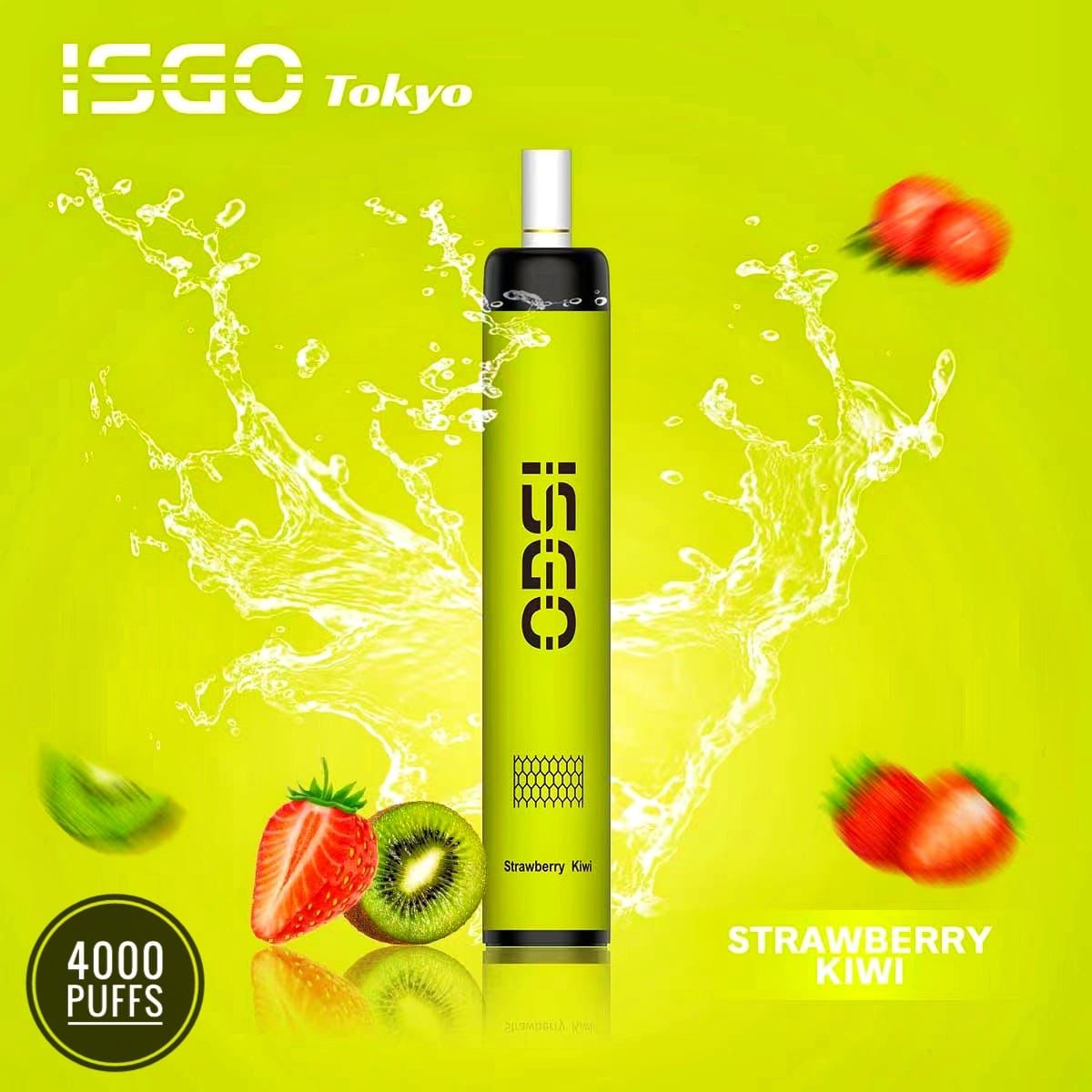 ISGO Tokyo Strawberry Kiwi vape with strawberries, kiwis, and splash on green background