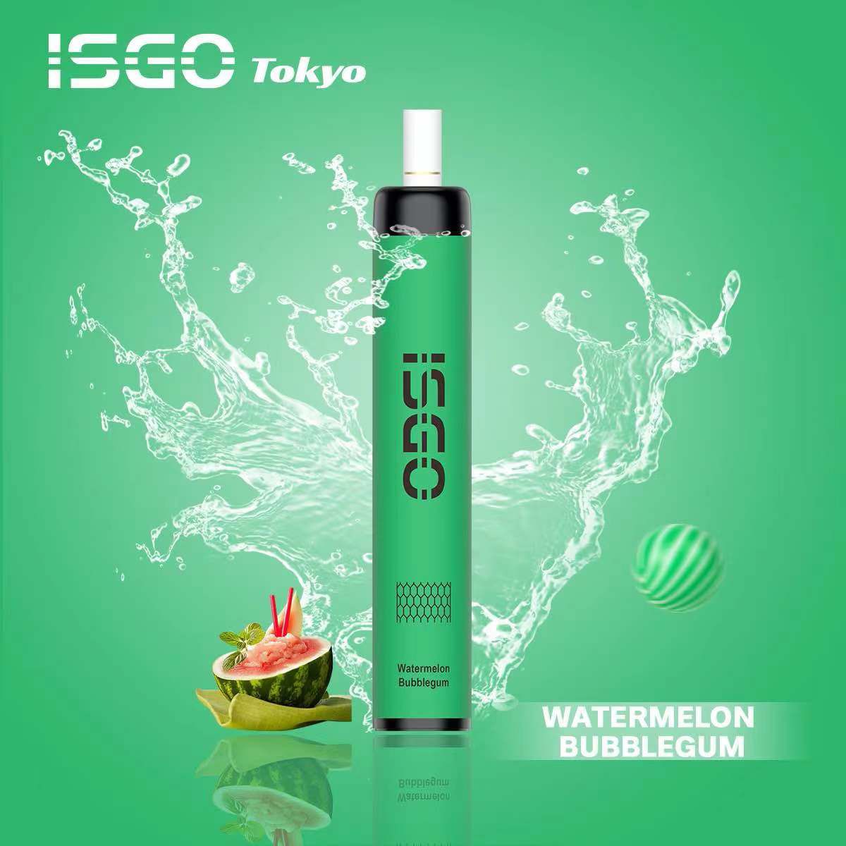 ISGO Tokyo Watermelon Bubblegum vape with splash and watermelon on green background