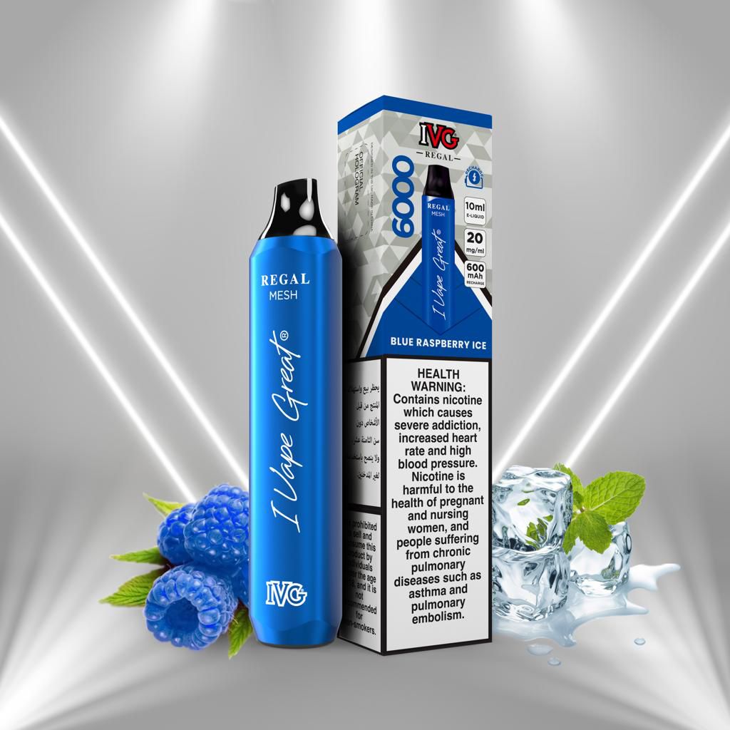 IVG Regal Blue Raspberry Ice vape 6000 puffs with box, raspberries and ice cubes