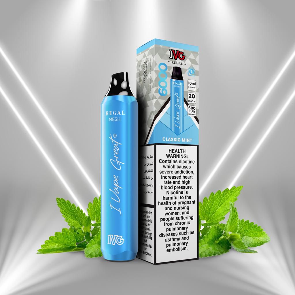 IVG Regal Classic Mint vape 6000 puffs with box, mint leaves on silver background