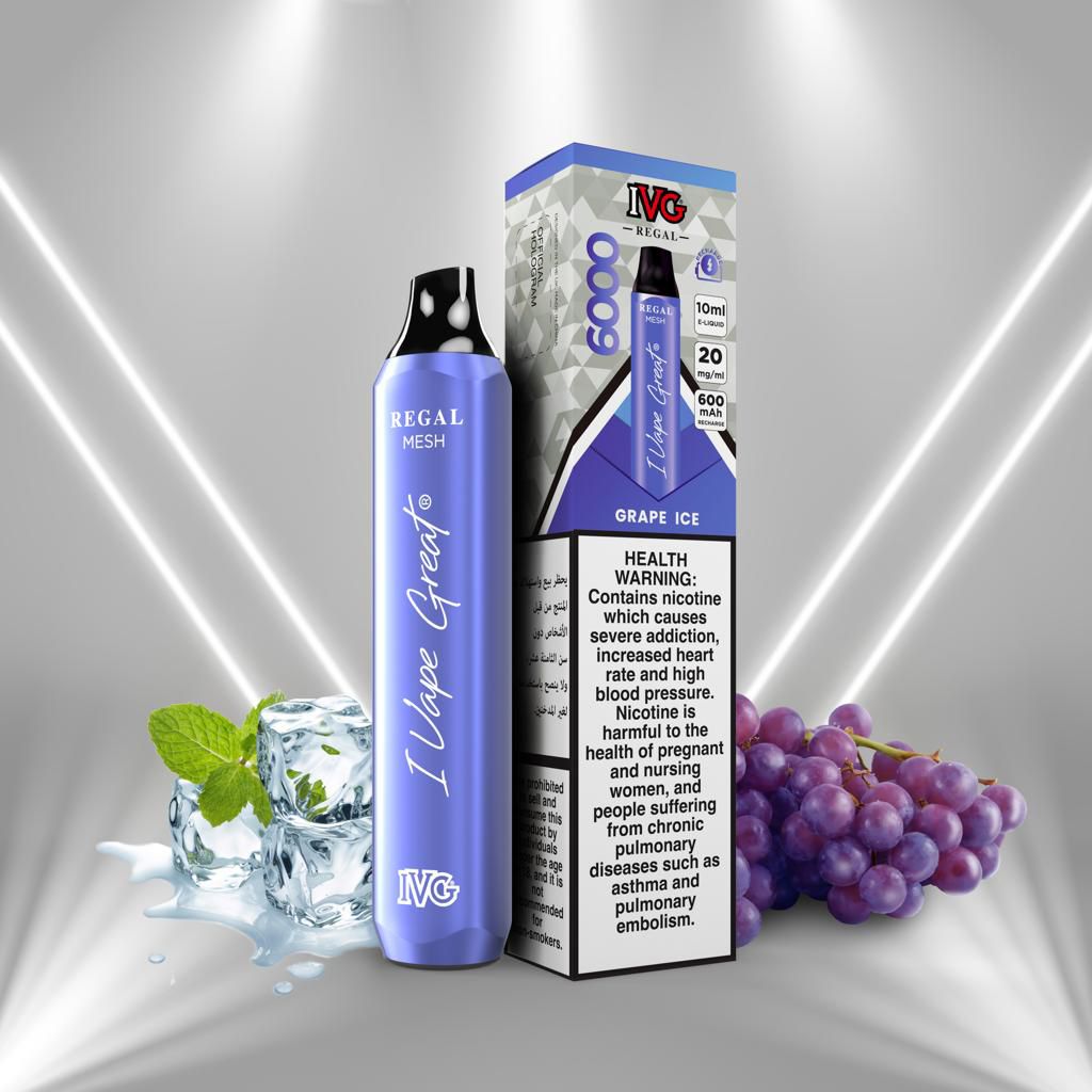 IVG Regal Grape Ice vape 6000 puffs with box, grapes and ice cubes on silver background