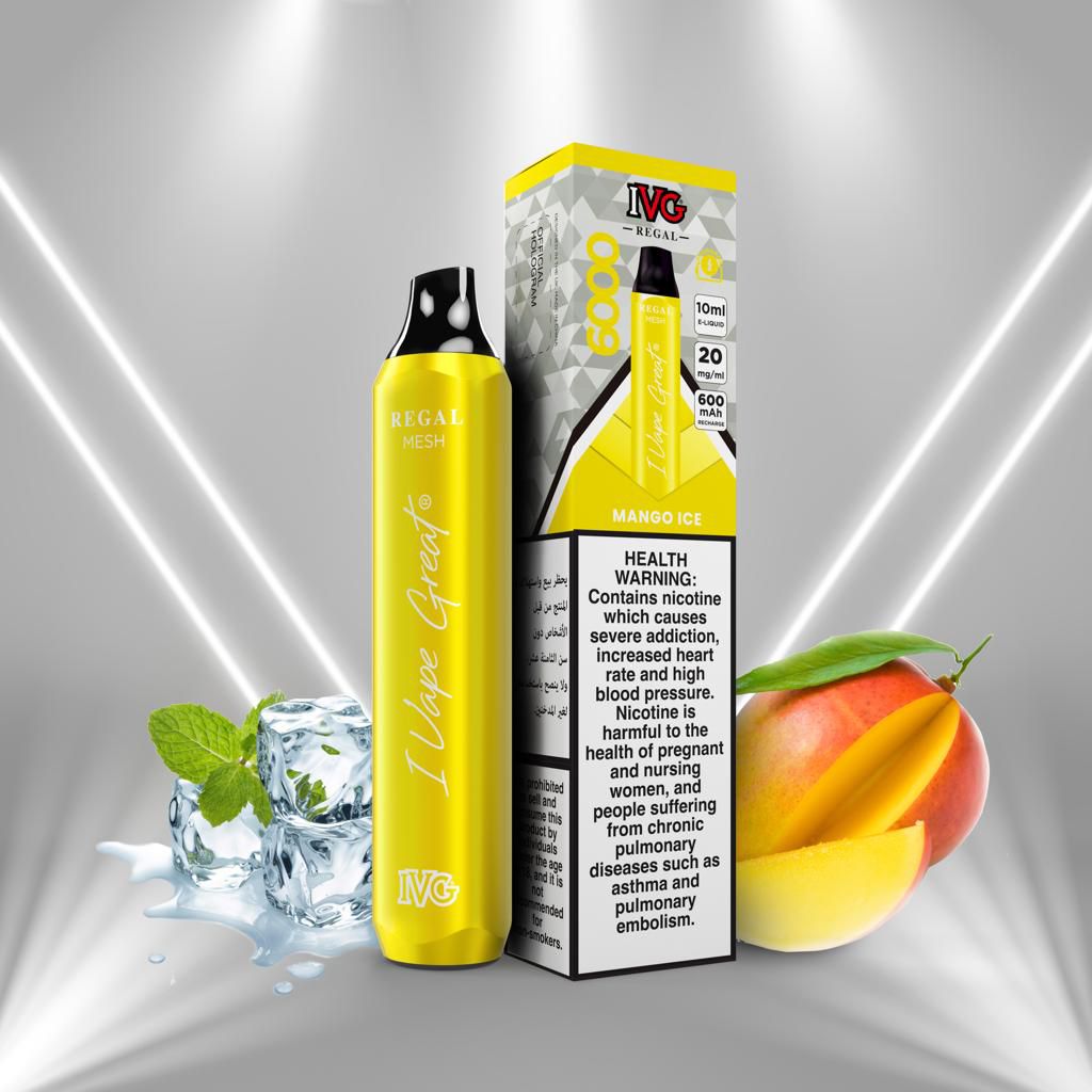 IVG Regal Mango Ice vape 6000 puffs with box, mango and ice on silver background
