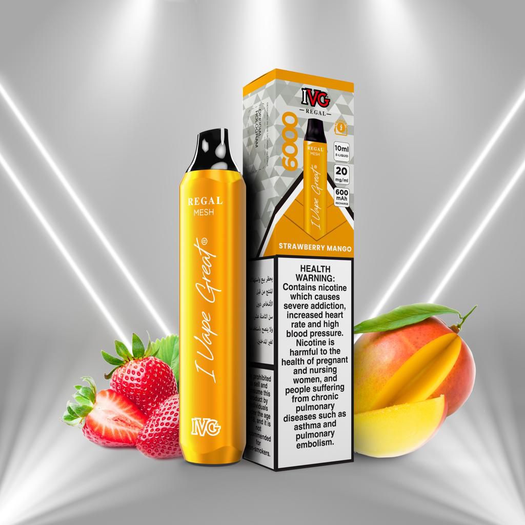 IVG Regal Strawberry Mango vape 6000 puffs with box, strawberries and mango