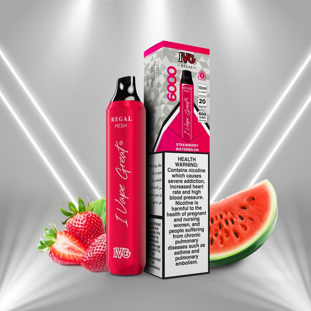 IVG Regal Strawberry Watermelon vape 6000 puffs with box, strawberries and watermelon