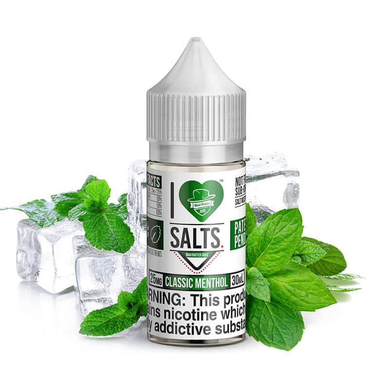 I Love Salts Classic Menthol e-liquid bottle with mint leaves and ice