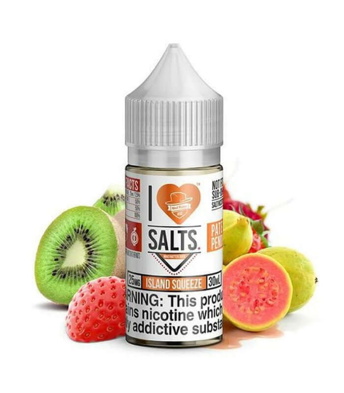 I Love Salts Island Squeeze e-liquid bottle with kiwi, guava, and strawberry