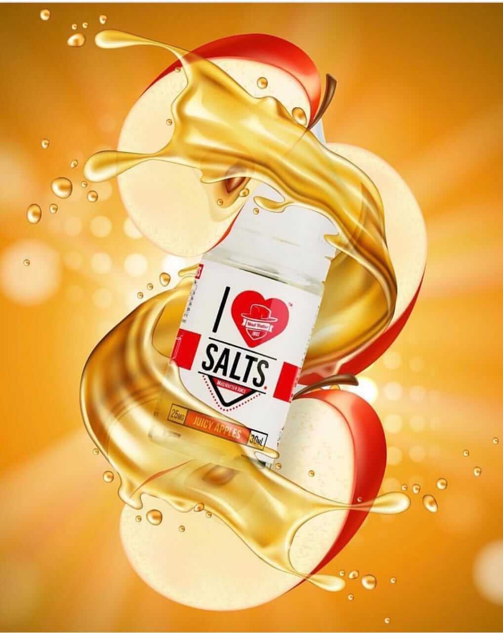 I Love Salts Juicy Apples e-liquid bottle with apple and juice splash