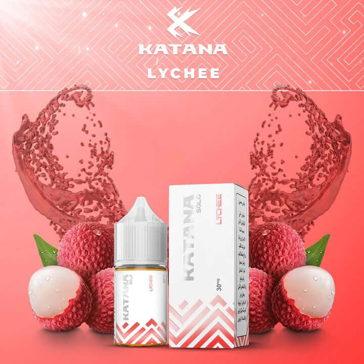 Katana Lychee e-liquid bottle and box with lychee fruit Vape Dubai Market