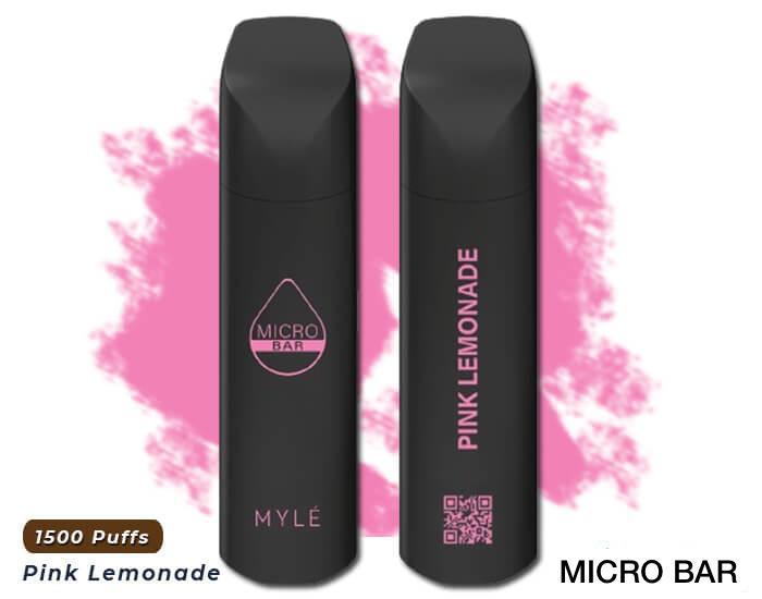 MYLE Micro Bar Pink Lemonade vape 1500 puffs, black device with pink background