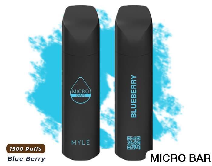 MYLE Micro Bar Blueberry vape 1500 puffs, black device with blue background