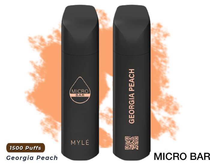 MYLE Micro Bar Georgia Peach vape 1500 puffs, black device with peach background