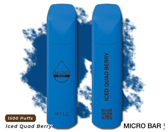 MYLE Micro Bar Iced Quad Berry vape 1500 puffs, blue device with berry background