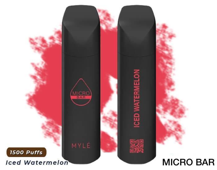 MYLE Micro Bar Iced Watermelon vape 1500 puffs, black device with red background