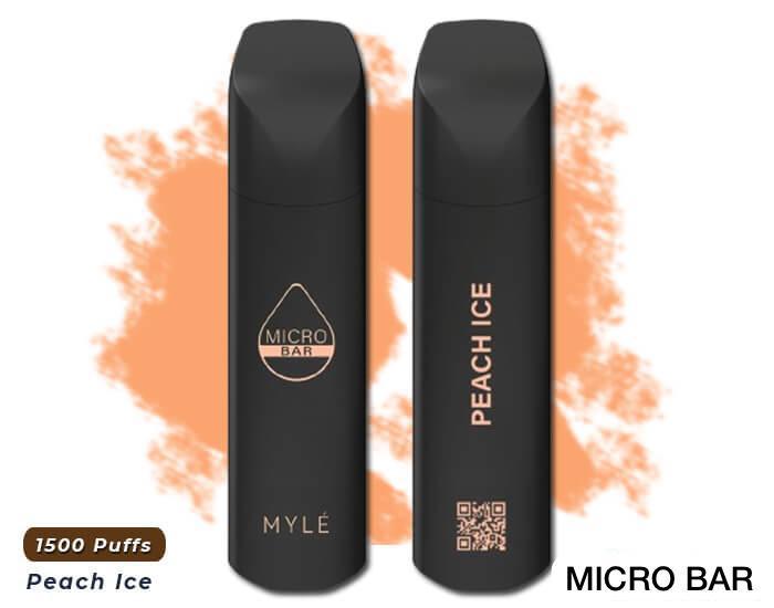 MYLE Micro Bar Peach Ice vape 1500 puffs, black device with peach background