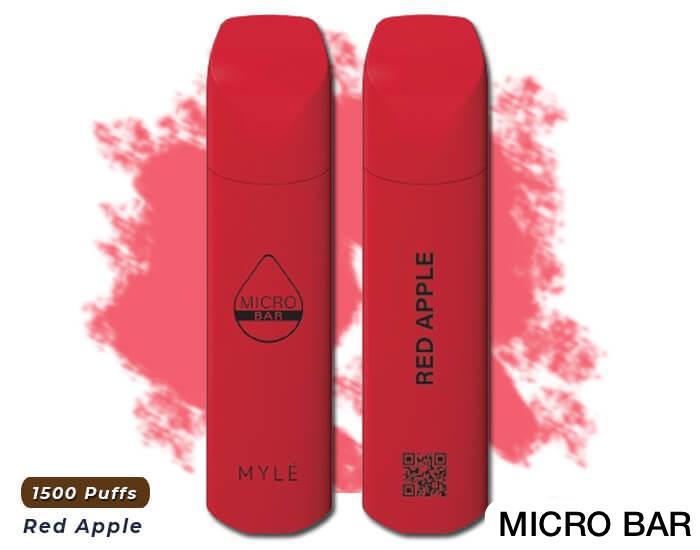 MYLE Micro Bar Red Apple vape 1500 puffs, red device with apple background