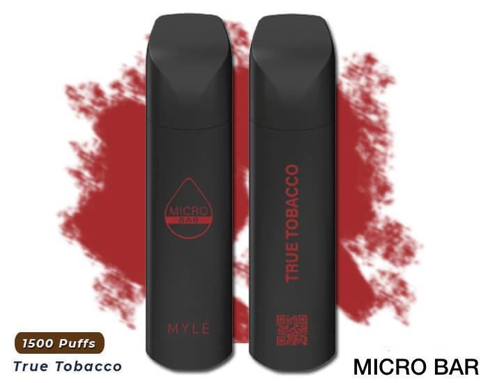 MYLE Micro Bar True Tobacco vape 1500 puffs, black device with brown background