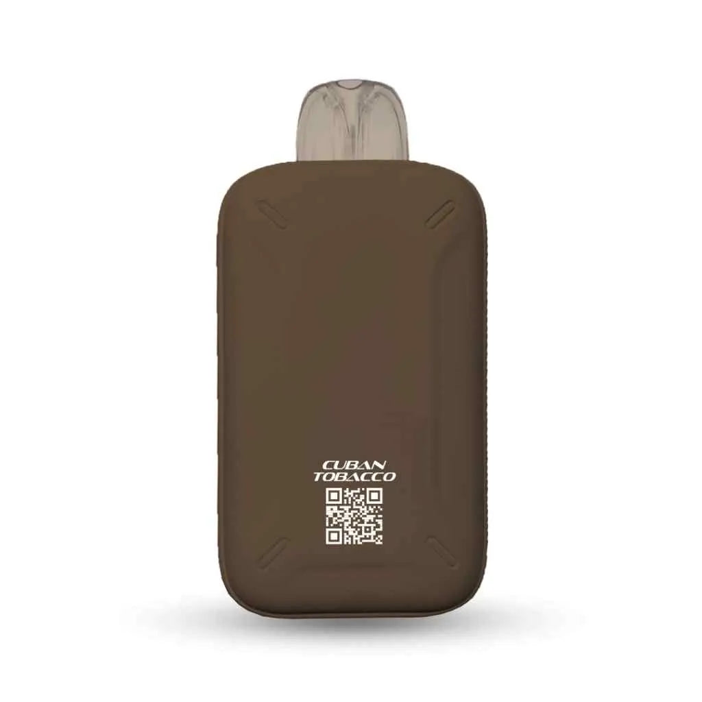 MYLE Turbo 20000 Cuban Tobacco disposable vape, brown device with QR code on back