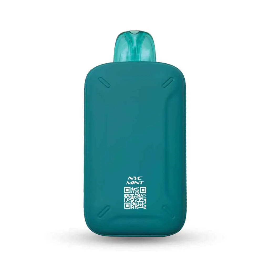 MYLE Turbo 20000 NYC Mint disposable vape, teal device with QR code on back