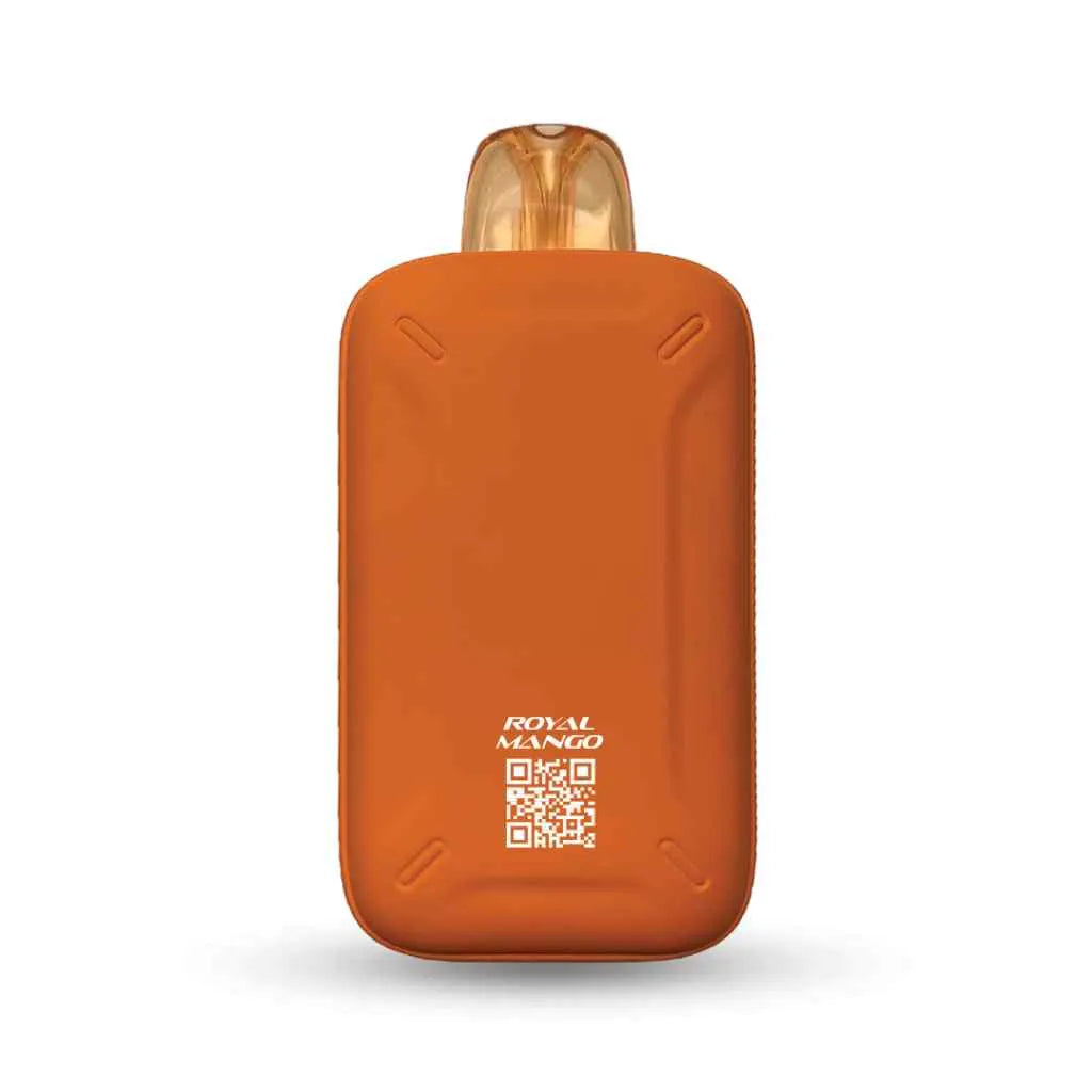 MYLE Turbo 20000 Royal Mango disposable vape, orange device with QR code on back