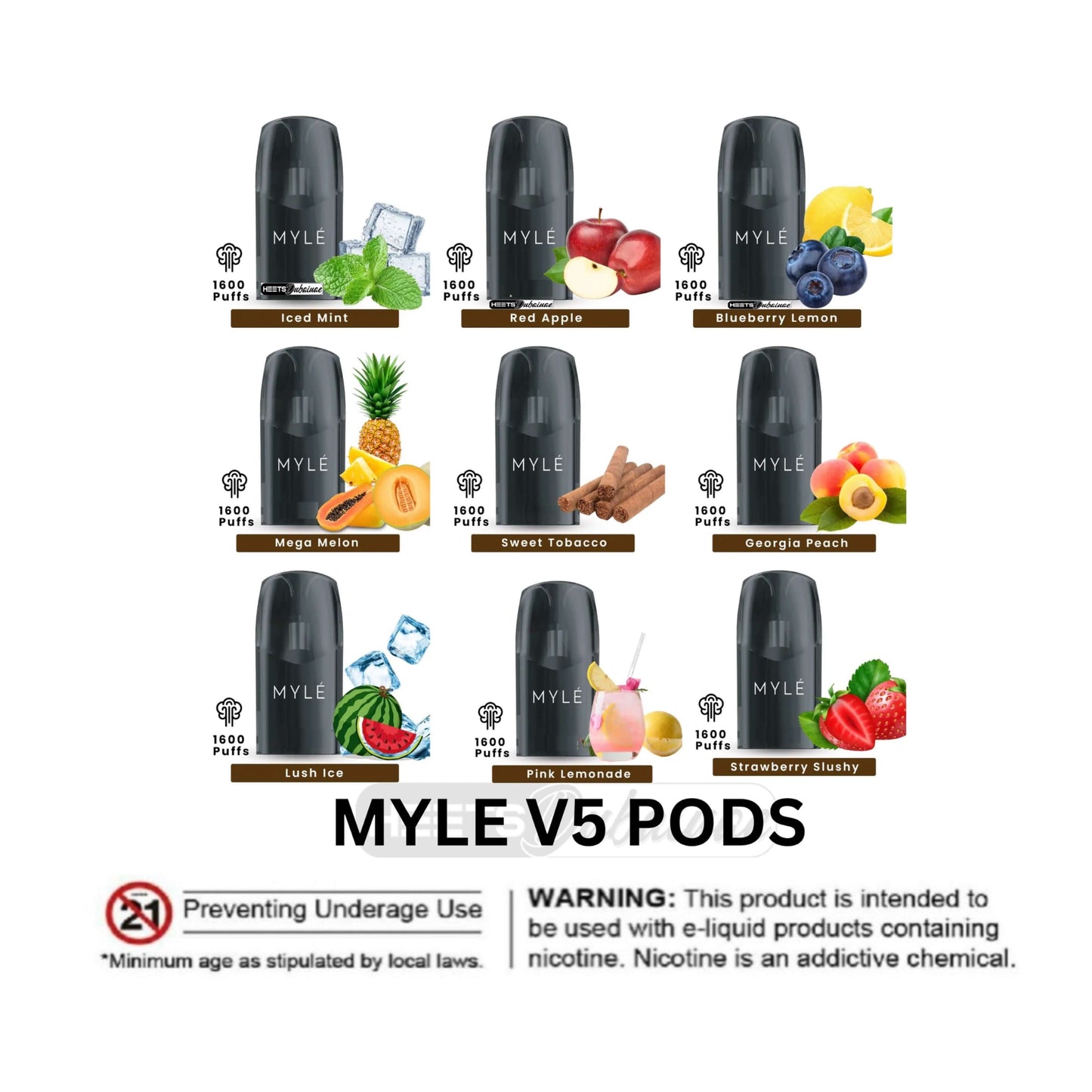 Myle V5 Pods flavor lineup 1600 puffs per pod