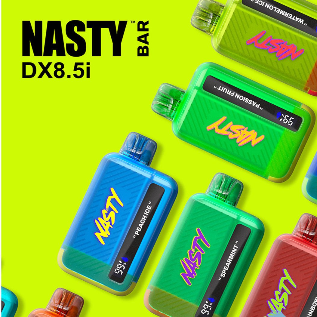 Nasty Bar 8500 Puffs with many flavors like Peach Ice, Spearmint, Passion Fruit, and Watermelon Ice.