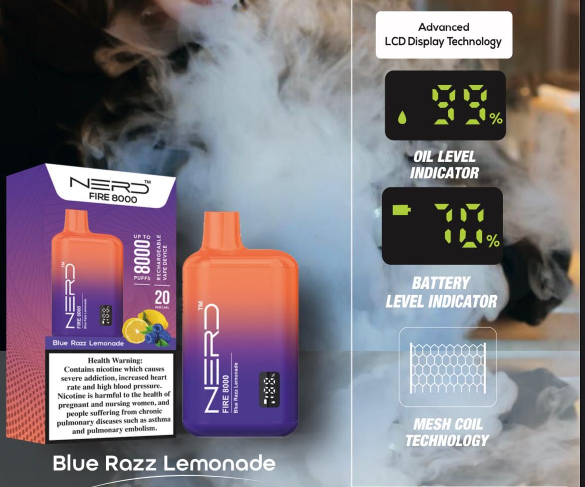 Nerd Fire 8000 Blue Razz Lemonade – 8000 puffs disposable vape with blue razz lemonade flavor