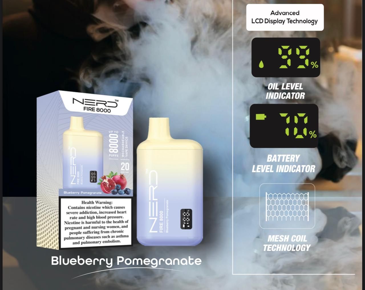 Nerd Fire 8000 Blueberry Pomegranate – 8000 puffs disposable vape with LCD display