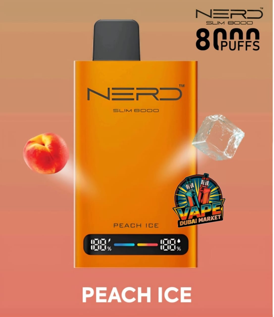 Nerd Slim 8000 Puffs disposable vape Peach Ice flavor with digital puff counter display