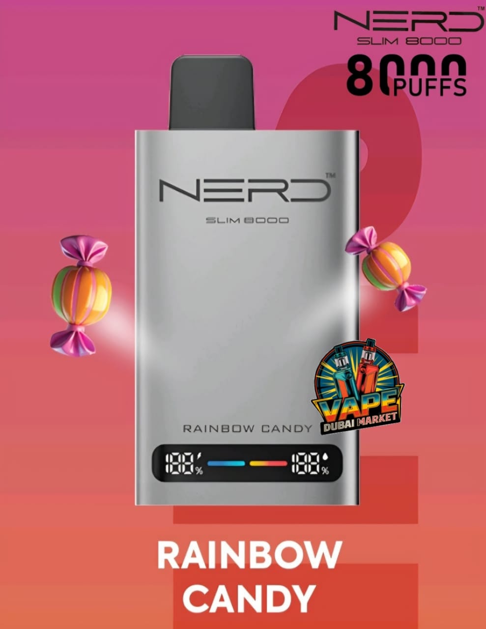 Nerd Slim 8000 Puffs disposable vape Rainbow Candy flavor with digital puff counter display