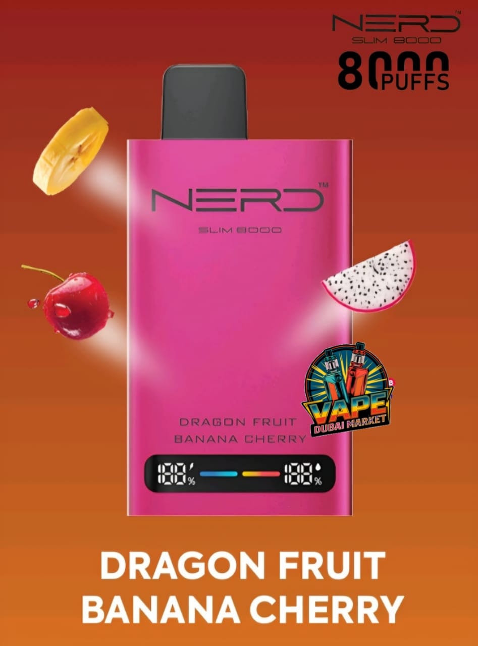 Nerd Slim 8000 Puffs vape Dragon Fruit Banana Cherry flavor with puff counter display