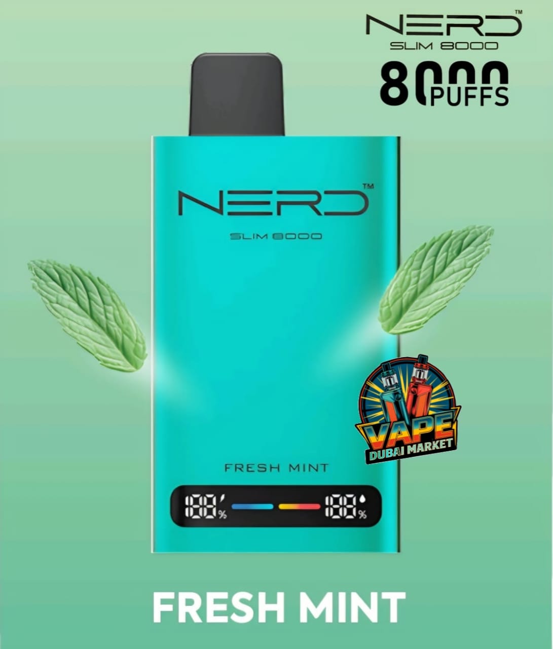 Nerd Slim 8000 Puffs vape Fresh Mint flavor with digital puff counter display