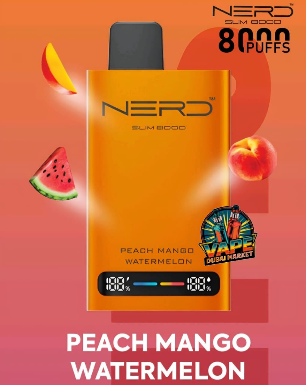 Nerd Slim 8000 Puffs vape Peach Mango Watermelon flavor with digital puff counter
